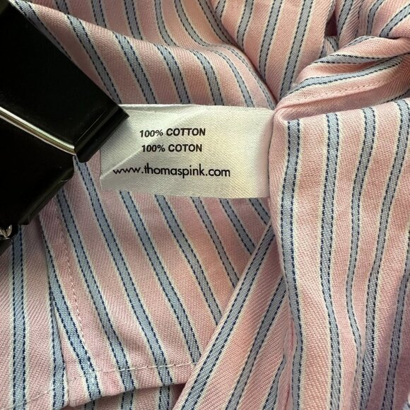 Thomas Pink Shirt Mens 15.5 Slim Fit Traveller Pink Blue Stripe Cotton Button Up - Picture 7 of 7
